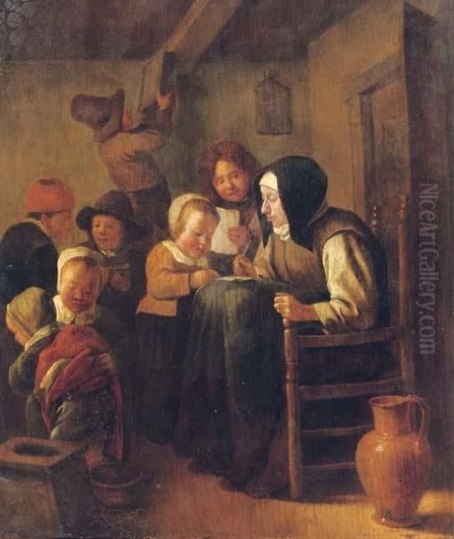 A Woman Teaching Children To Read And Write In An Interior Oil Painting by Jan Steen