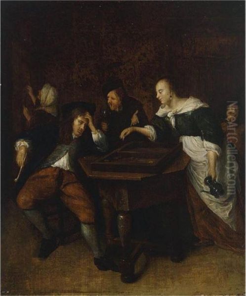 An Interior With Figures Playing Tric-trac Oil Painting by Jan Steen