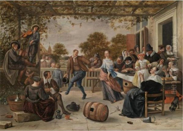 A Terrace With A Couple Dancing 
To A Pipe And Fiddle, Peasants Eating And Merrymaking Behind [engraved 
By Milius, Paris, Published By 1876.] Oil Painting by Jan Steen