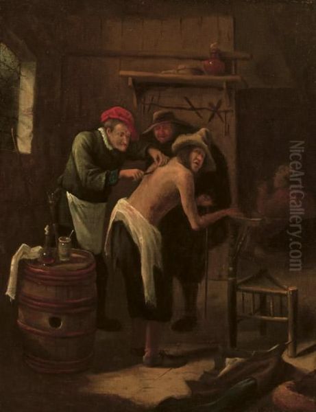 A Quack Operating On A Peasant's Back In An Interior Oil Painting by Jan Steen