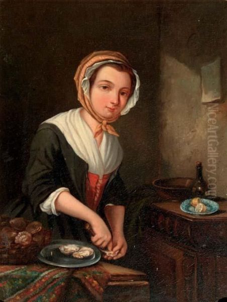 A Young Girl Preparing Oysters In An Interior Oil Painting by Jan Steen