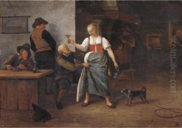 The Interior Of An Inn, With An Old Man Harrassing The Landlady Oil Painting by Jan Steen