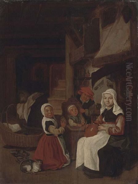 A Peasant Family In An Interior Oil Painting by Jan Steen