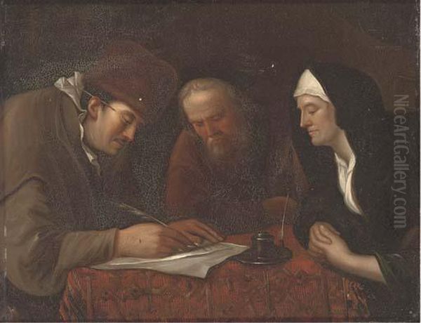 A Widow And Two Gentleman In An Interior Oil Painting by Jan Steen