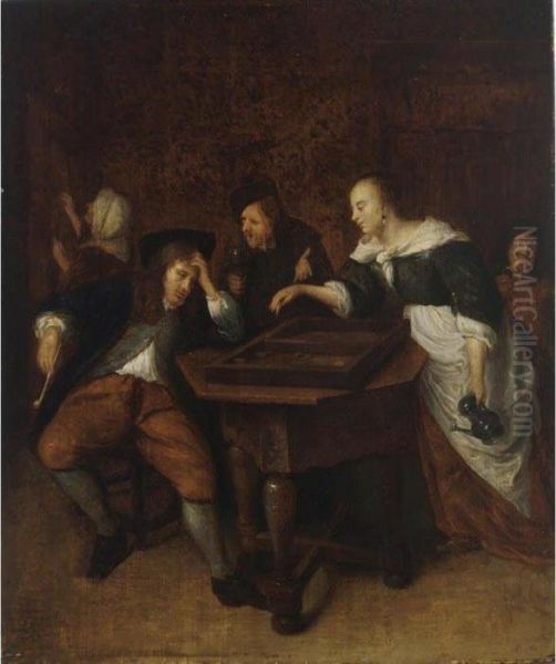 An Interior With Figures Playing Tric-trac Oil Painting by Jan Steen