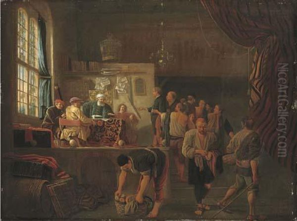 A Money Lender In A Crowded Interior Oil Painting by Jan Steen