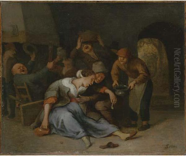 Peasants Drinking And Smoking In A Tavern Oil Painting by Jan Steen