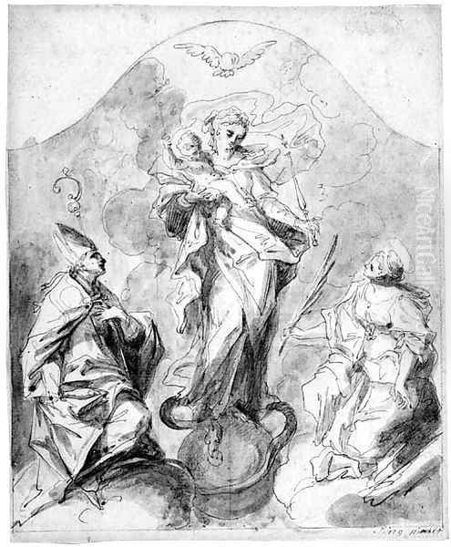 The Madonna Of The Immaculate Conception With Two Kneeling Saints On Clouds Oil Painting by Johann Kaspar Sing