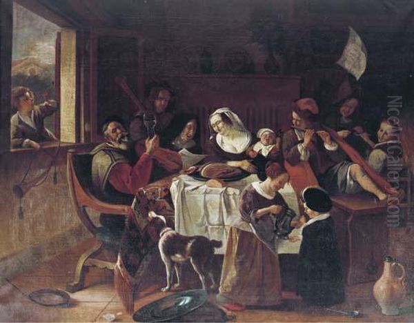 As The Old Ones Sing, So Pipe The Young Ones Oil Painting by Jan Steen