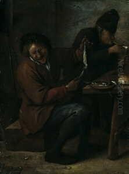 Ein Sitzender Bauer Mit Einem Hering. Oil Painting by Jan Steen