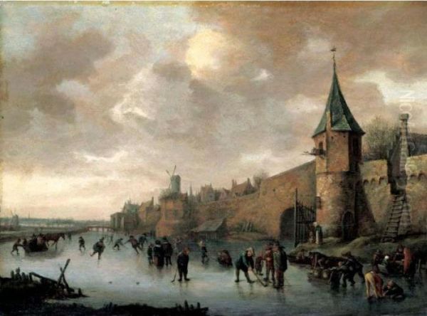 A Winter Landscape With Figures 
Skating, Playing Kolf And Conversing On A Frozen River Outside The Walls
 Of A Fortified Town. Oil Painting by Jan Steen