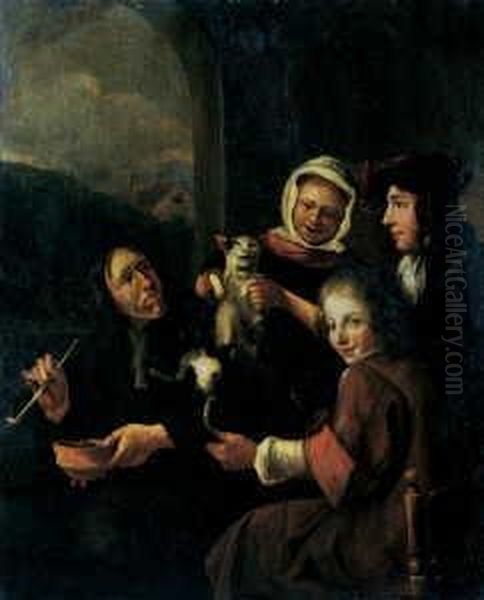 Vier Personen Belustigen Sich Mit Einer Katze. Oil Painting by Jan Steen