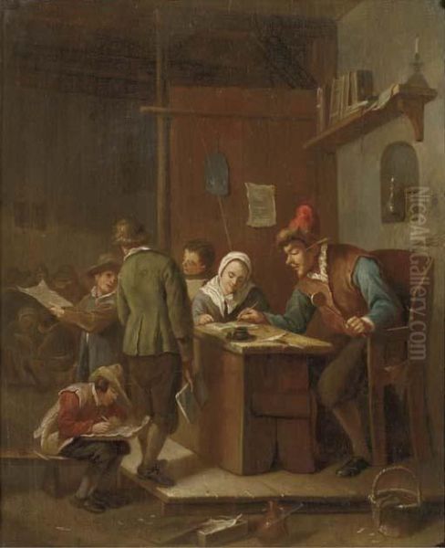 A Classroom Interior With A School Master Correcting Pupils'papers Oil Painting by Jan Steen