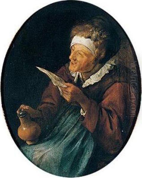 An Old Woman Singing And Holding A Beer Jug Oil Painting by Jan Steen