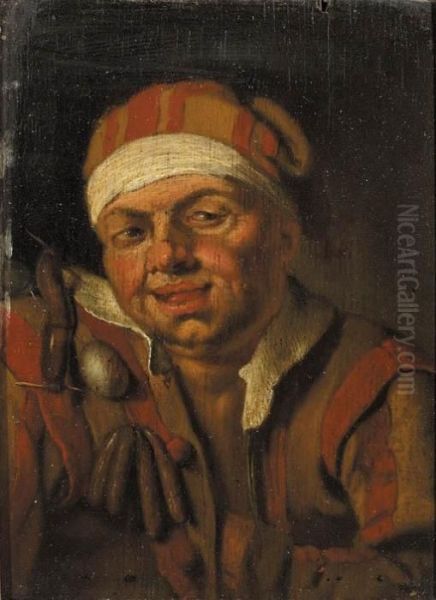 A Personification Of Gluttony: A
 Man In Fancy Costume With Sausages And An Egg Attached To His Shoulder Oil Painting by Jan Steen