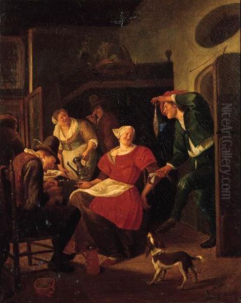 A Man Showing Onions And A Herring To A Courtesan Seated By A Tablein An Interior Oil Painting by Jan Steen