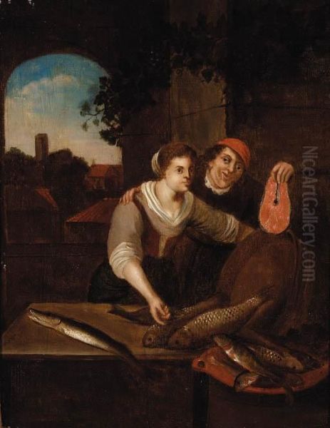 A Fishmonger And A Peasant Woman At A Casement Oil Painting by Jan Steen