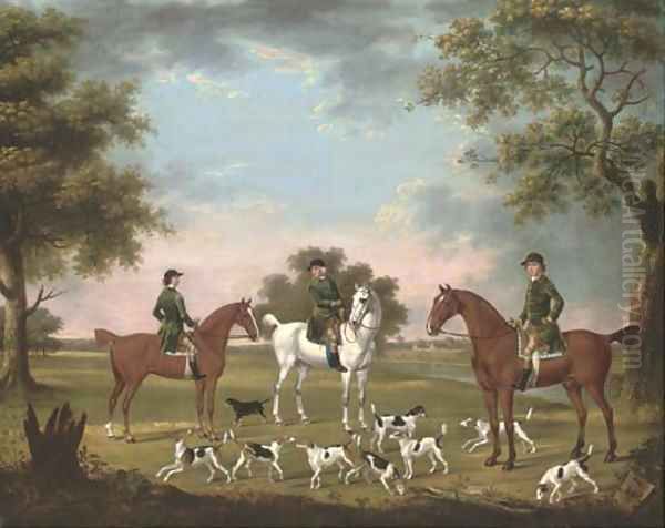 Huntsmen and hounds in a river landscape with stables beyond Oil Painting by Thomas Stringer