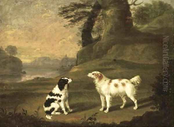 Two spaniels in a wooded river landscape Oil Painting by Thomas Stringer