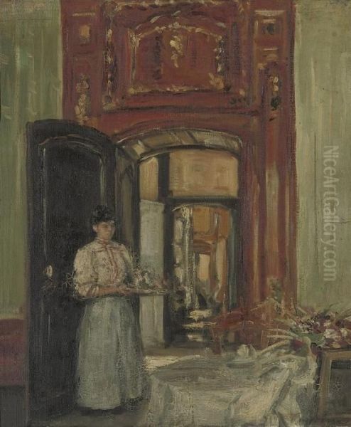 Interior With Maid Carrying A Tray: Montreuil-sur-mer Oil Painting by Philip Wilson Steer