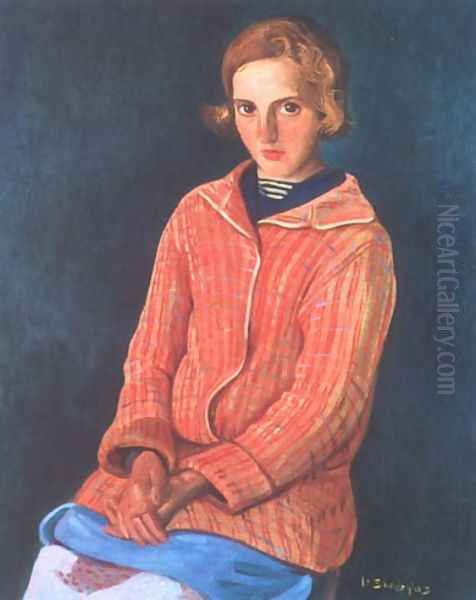 Portrait of a Girl in a Red Sweater Oil Painting by Wladyslaw Skoczylas