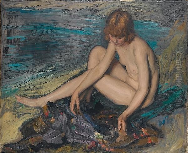 Nude Woman Seated With A Japanese Gown Oil Painting by Philip Wilson Steer