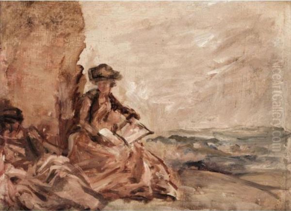 Girls On The Beach (recto), A Reclining Female Nude (verso) Oil Painting by Philip Wilson Steer