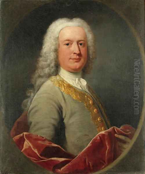 Portrait of a Gentleman believed to be a member of the Foley family, half-length, in a grey coat with gold brocade and a red velvet cloak Oil Painting by Andrea Soldi