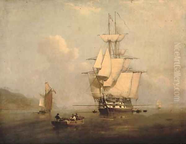 A two-decker drying her sails and airing ship, lying at anchor Oil Painting by Charles Henry Seaforth