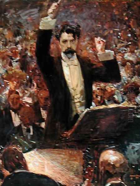 Arthur Nikisch 1855-1922 Conducting a Concert at the Gewandhaus in Leipzig, 1910 Oil Painting by Robert Sterl