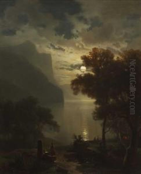 Gebirgssee Im Mondschein Oil Painting by Johann Gottfried Steffan