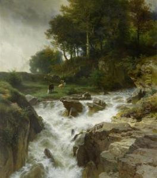 Mountain Stream With Herdsman And Cows Oil Painting by Johann Gottfried Steffan