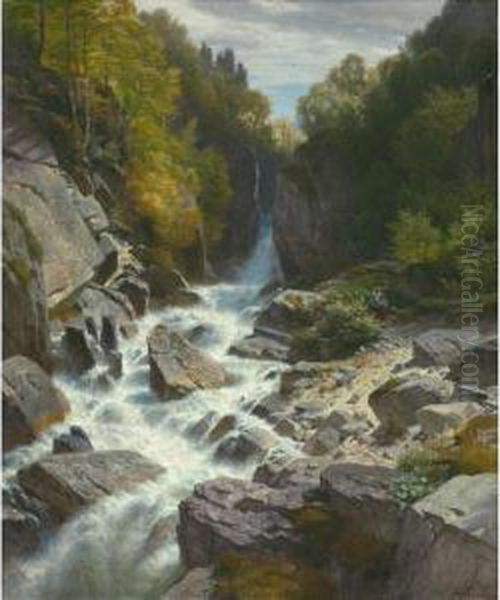 Schlucht Am Lontschbach (bei Glarus) Oil Painting by Johann Gottfried Steffan