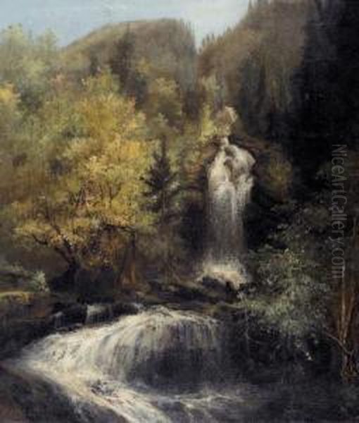 Wasserfalle Im Gebirge. Oil Painting by Johann Gottfried Steffan