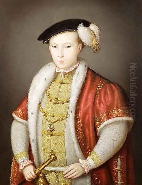 Edward VI with the chain of the Order of the Garter, after the portrait in the Collection of H.M. Queen Elizabeth II, c.1600 Oil Painting by William Scrots