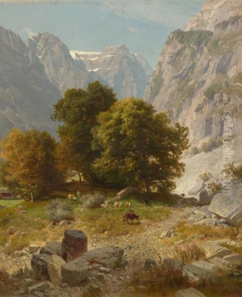 Mountain Landscape With Cows Oil Painting by Johann Gottfried Steffan