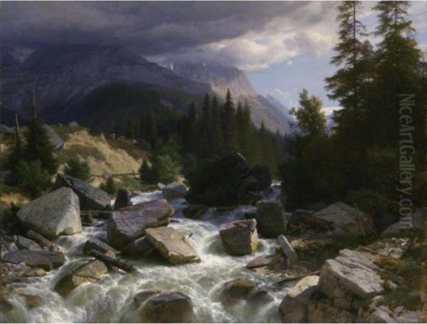 On The Way To Rosenlaui (bernese Oberland) Oil Painting by Johann Gottfried Steffan