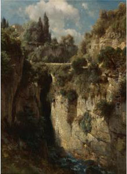 Mountainous Landscape With Waterfall Oil Painting by Johann Gottfried Steffan