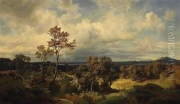 View Onto The Vast Pre-alp 
Landscape In Switzerland Signed And Dated Lower Left: J. Steffan 1852 
Munich Oil Painting by Johann Gottfried Steffan