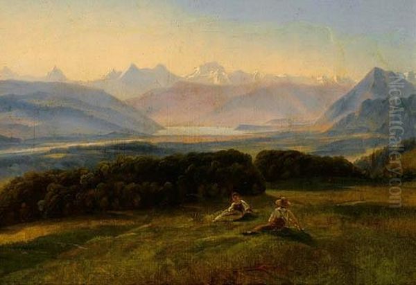 Bei Zimmerwald Mit Blick Auf Den Thunersee. Oil Painting by Johann Gottfried Steffan