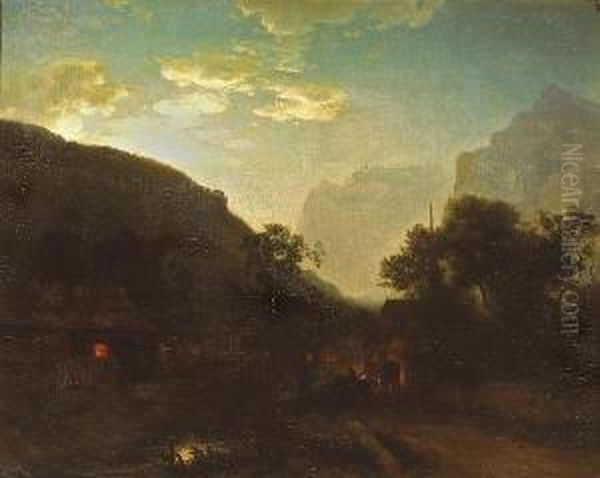 A Village In The Mountains At Evening Oil Painting by Johann Gottfried Steffan