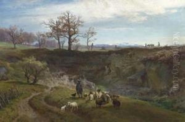 Landscape With Sheep And Herdsmen And A View Into The Mountains Oil Painting by Johann Gottfried Steffan