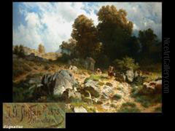 Kuhe Und Hirten In Einer Gebirgslandschaft Oil Painting by Johann Gottfried Steffan