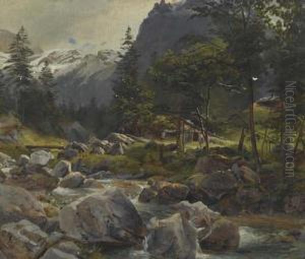 Mountain Stream Near Engelberg. Oil Painting by Johann Gottfried Steffan