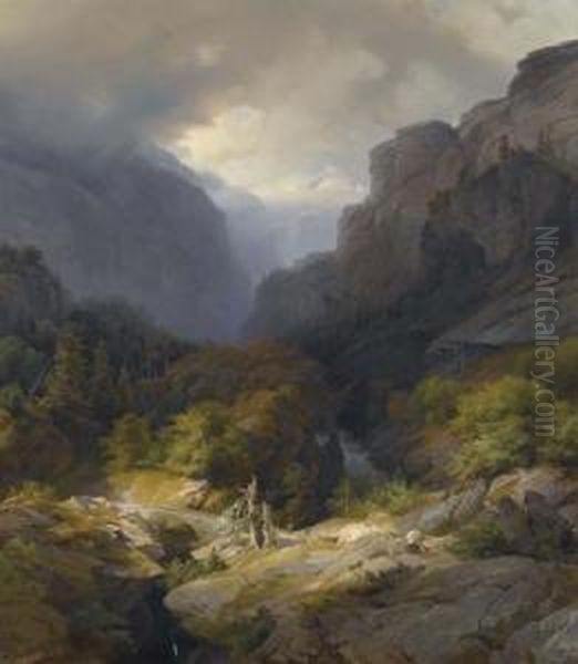 High Mountain Landscape Oil Painting by Johann Gottfried Steffan