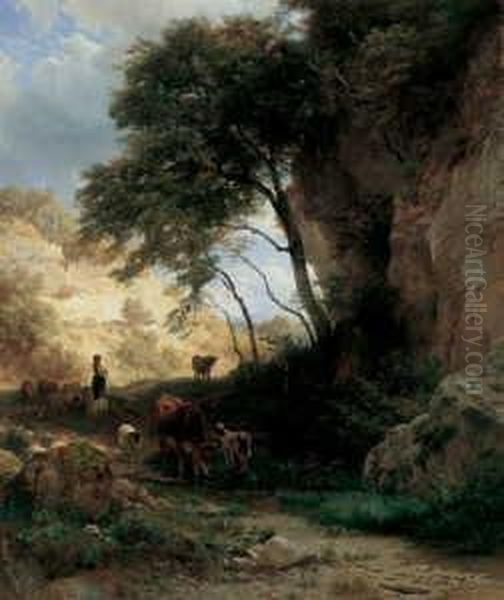 Sudliche Berglandschaft Mit 
Vieh. Signiert Und Datiert Unten Links: J.g. Steffan Pt. 1869 Munchen. 
Ol Auf Leinwand (doubliert). H 80; B 67 Cm. Farbtafel Oil Painting by Johann Gottfried Steffan