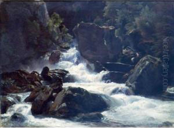 A Waterfall Oil Painting by Johann Gottfried Steffan