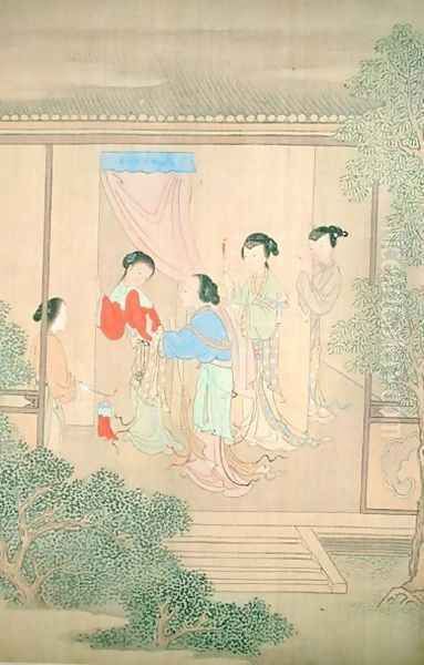 Five Figures on Porch Oil Painting by Fu Chuiu Ying Shih