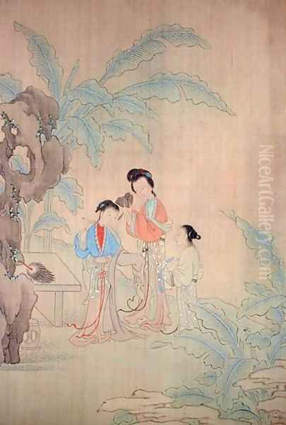 Three Figures in a Landscape Oil Painting by Fu Chuiu Ying Shih