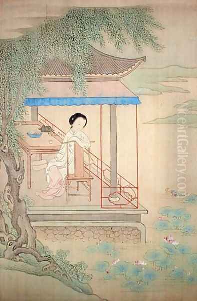 Girl Seated on Porch Oil Painting by Fu Chuiu Ying Shih